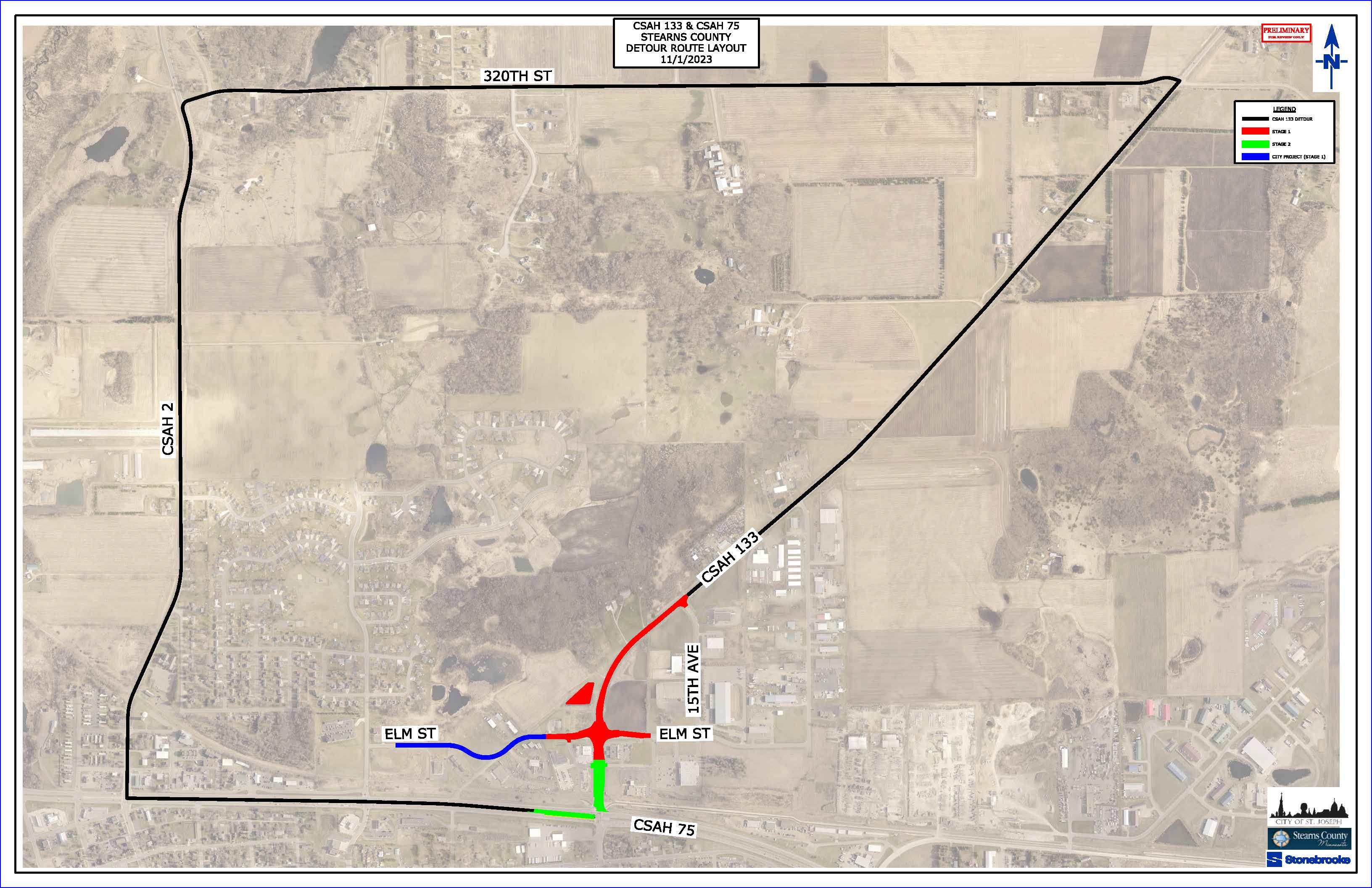 Map indicating where the detour is for the County Road 133 Improvements